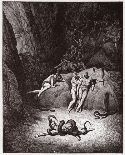 The Divine Comedy, Inferno, Canto 25: Agnello transforming into a serpent (Illustration by Gustave Dore) by Gustave Dore