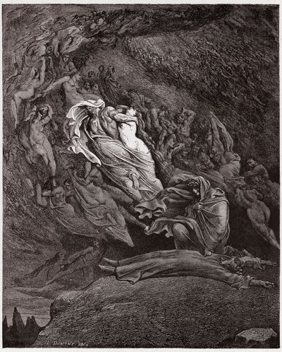 The Divine Comedy, Inferno, Canto 5: Francesca describes her death - Illustration by Gustave Dore by Gustave Dore