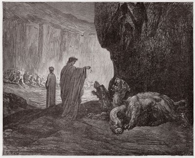The Divine Comedy, Inferno, Canto 6: Virgil feeds Cerberus in the third circle - Illustration by Gustave Dore by Gustave Dore