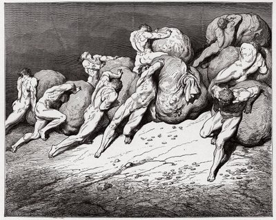 The Divine Comedy, Inferno, Canto 7: The souls of the avaricious and the prodigal forced to roll heavy stones - Illustration by Gustave Dore by Gustave Dore