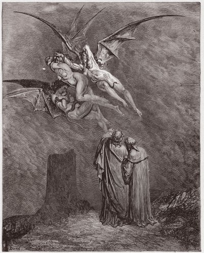 The Divine Comedy, Inferno, Canto 9: The hideous Erinyes: Megaera, Tisphone, Alecto - Illustration by Gustave Dore (1832-1883) by Gustave Dore