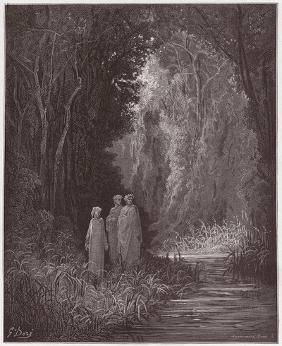 The Divine Comedy, Purgatorio, Canto 28: Dante, Virgil, and Statius in the ancient forest of the terrestrial paradise - by Dante Alighieri (1265-1321) - Illustration by Gustave Dore (1832-1883) by Gustave Dore
