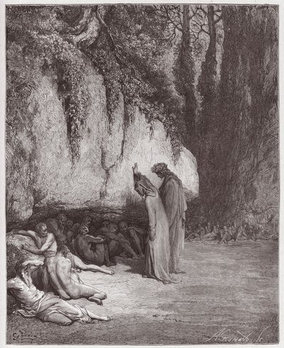 The Divine Comedy, Purgatorio, Canto 4: The indolent souls beside the rock - Illustration by Gustave Dore by Gustave Dore