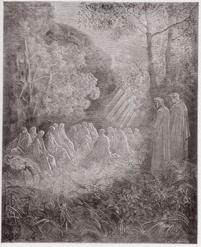 The Divine Comedy, Purgatorio, Canto 7: The Spirits Singing Salve Regina in the Dell - by Dante Alighieri (1265-1321) - Illustration by Gustave Dore (1832-1883) by Gustave Dore