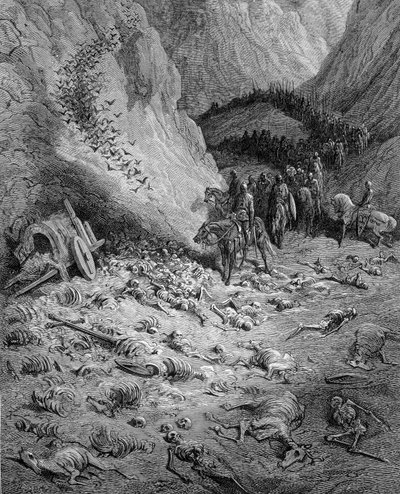 The Forward: Army of Crusaders meeting the dead of the previous wave of Crusaders - engraving by Gustave Doré by Gustave Dore