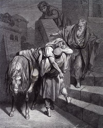 The Good Samaritan at the Inn, Bible by Gustave Dore