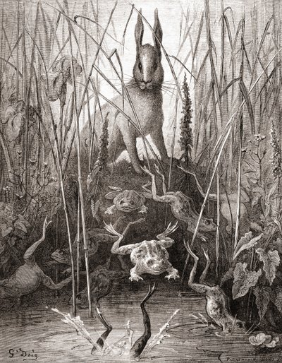 The Hare and The Frogs, from a late 19th century edition of Fables de La Fontaine by Gustave Dore