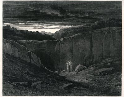 The Hell of Dante Alighieri (the Divine Comedy) illustrated by Gustave Dore. French edition of 1861. Dante and Virgil at the entrance of Hell: "Lasciate ogni speranza, voi che 