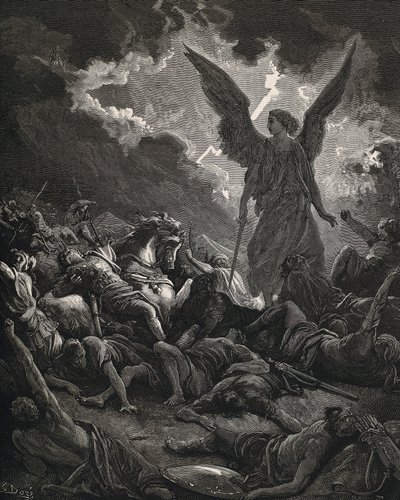 The Holy Bible. 1866. Sennacherib (705-681 BC). King of Assyria (705-681 BC). Angel of Yahweh of the Army of Sennacherib. Engraving by Gustave Dore
