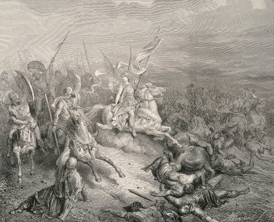 The Holy Bible. 1866. The angel of the Maccabees. Engraving by Gustave Dore