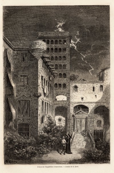 The Inquisition Prison in Barcelona, drawing by Gustave Dore, to illustrate his journey to Spain, with C. Davillier, in 1862. Engraving in 