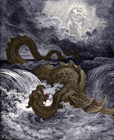 The Leviathan, sea monster resembling the sea snake referred to in the Bible. Illustrations of the Bible by Gustave Dore. Engraving of the 19th century by Gustave Dore