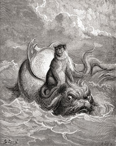 The Monkey and The Dolphin after a Work by Gustave Dore for a La Fontaine Fable. From Life and Reminiscences of Gustave Dore, Published 1885. by Gustave Dore