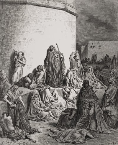 The People Mourning over the Ruins of Jerusalem, Lamentations 1:1-2 illustration from Dore