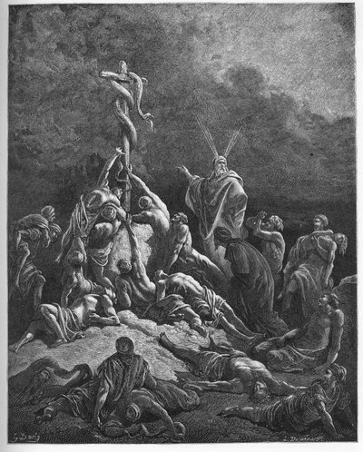 The brazen snake - Moses and the brazen serpent (engraving) by Gustave Dore