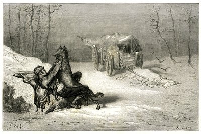 The Brigand Agostin is Attacked by a Wolf, Near the Dead Horse Still Reached in the Cart Abandons Comedians, or Hides the Little Chiquita. Engraving by Gustave Dore Illustrating Theophile Gautier