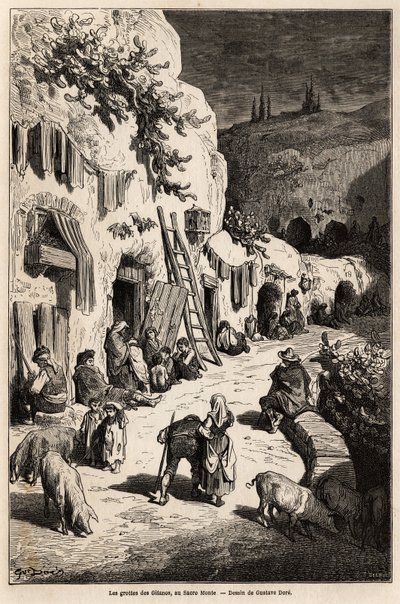 The caves of gypsies, in Sacro Monte, in Granada. Drawing by Gustave Dore, to illustrate his trip to Spain in 1862, accompanied by Ch. Davillier. Engraving in 