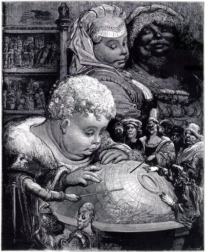 The education of Gargantua: the giant, child, studies a globe with his teachers, under the eyes of his parents by Gustave Dore