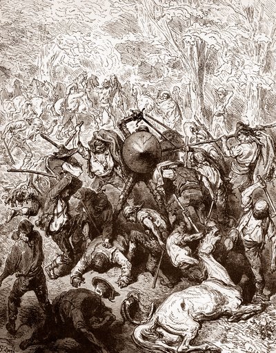 The fight against the muleteers of Yanguas Engraving by Gustave Dore (1832-1883) for “The Ingenious Hidalgo Don Quixote de la Mancha” by Miguel de Cervantes (1547-1616) 1863 Private collection by Gustave Dore
