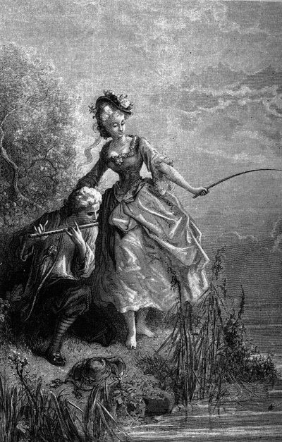 The fish and the shepherd playing the flute. The sound of the flute serves as bait. Fables by Jean de La Fontaine. Illustration by Gustave Dore by Gustave Dore