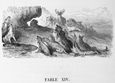 The funeral of the lioness - in Fables de La Fontaine, ill. by Doré by Gustave Dore