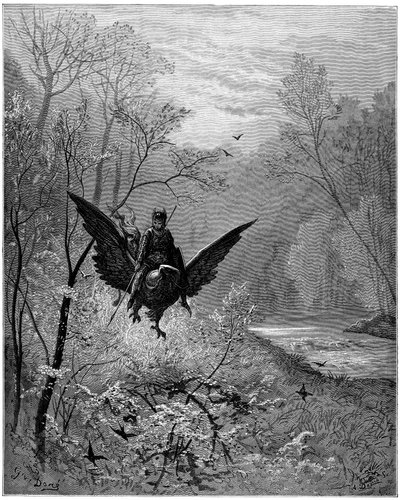 The Hippogriff, climbed by the knight Ruggiero, arrives in a laughing region (engraving by Gustave Dore for 