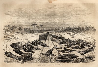 The hour of rest in Argamasilla, the many railway workers lying on the track, rest in full sun. Engraving to illustrate the voyage to Spain by Gustave Dore illustrator and Baron Ch. Davillier reactor, in 1862, published in Le tour du monde, nouveau journal by Gustave Dore