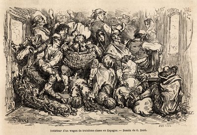 The interior of a third class wagon in Spain, drawing by Gustave Dore, to illustrate his journey to Spain, with C. Davillier, in 1862. Engraving in 