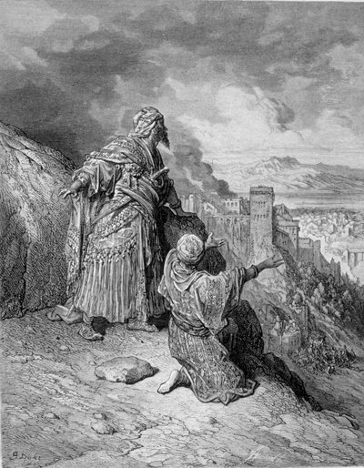 The last of the Arab kings abandoned Granada after its siege by the Catholics in 1492. Engraving by Gustave Doré by Gustave Dore