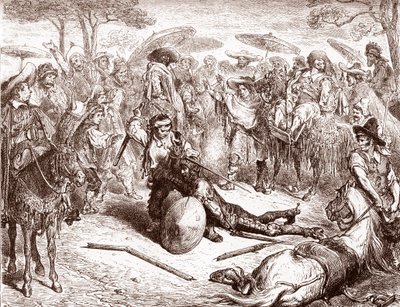 The Merchants of Toledo Look On as One of Their Mule Drivers Beats Don Quixote, Engraving by Gustave Dore for 