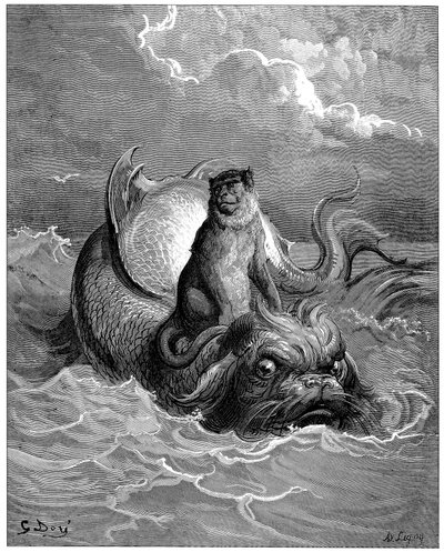 The Monkey and the Dolphin: Fable, Fables by Jean de La Fontaine. Illustration by Gustave Dore by Gustave Dore
