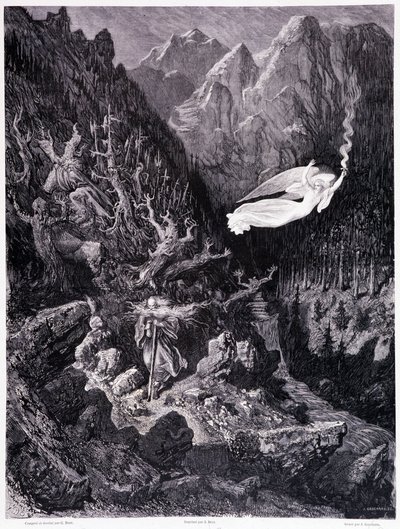 The Old Man Holding a Purse and His Stick Walking in a Hostile Landscape is Surmounted by an Angel Waving a Spear of Fire, Plate VII - Illustration by Gustave Dore for La Legende du Jew Wandering by Pierre Dupont by Gustave Dore