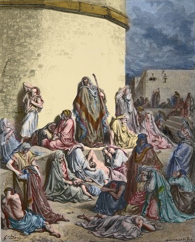 The people of Israel mourn over Jerusalem - Old Testament - Lamentations of Jeremiah - The people cry in the ruins of Jerusalem - Engraving by Gustave Dore - later colouring by Gustave Dore