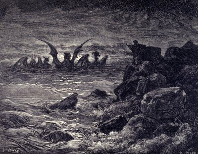 The prophet Daniel sees monsters appearing: Haniel, Kafziel, Azriel, Aniel. Engraving from the Bible illustrated by Gustave Dore (19th century) by Gustave Dore