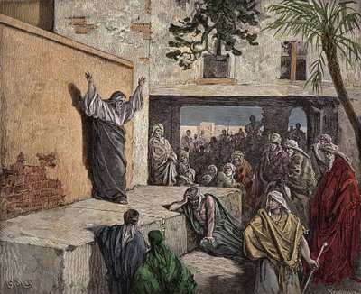 The prophet Micah exhorting the people of Israel to penitence. Engraving from 