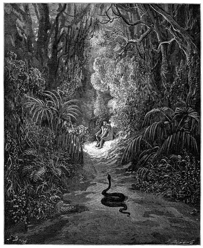The Snake is Heading to Adam and Eve. Illustration by Gustave Dore for 