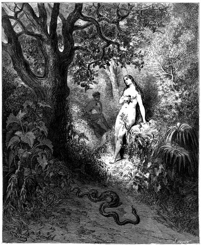 The Snake is Heading to Adam and Eve. Illustration by Gustave Dore for 