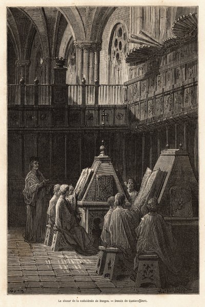 The study of psalms by the choir of the Cathedrale Santa Maria de Burgos. Drawing by Gustave Dore illustrating a voyage by Gustave Dore