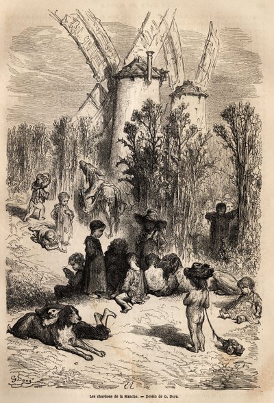 The Thistles of the Channel, at the Foot of the Mills Dear to Don Quixote, with the Representation of a Yeast, a Dog Breed Very Frequent in the Region (the Figure of the Galgo Corredor Always Starving in Don Quixote) and a Crowd of Beggars Children, True S by Gustave Dore