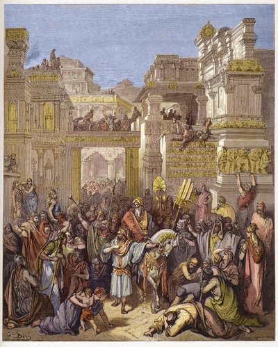 The triumph of Mordecai - engraving in The Bible illustree by Gustave Dore - Engraving from The Dore Bible by Gustave Dore