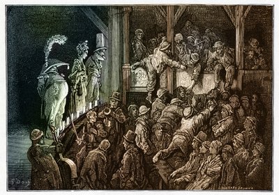 Theatre: the audience during a theatrical performance. Colorful engraving from "London, a Pilgrimage" illustrated by Gustave Doré by Gustave Dore