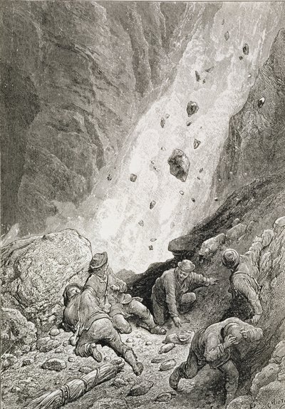 They Saw Masses of Rocks, Boulders and Stones, Dart Round the Corner, from The Ascent of the Matterhorn by Edward Whymper, published 1860s-80s by Gustave Dore
