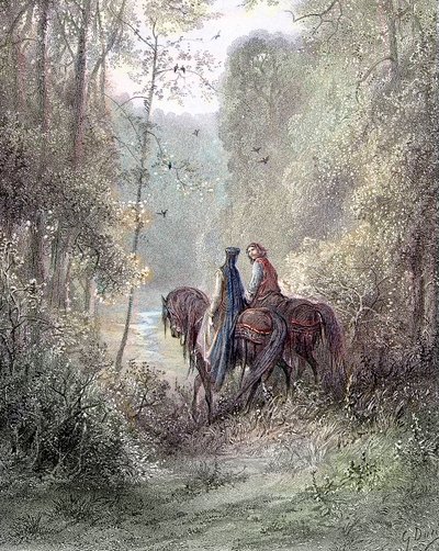 They Lost Under Groves That Seemed to Be a Paradise of Flowers (Guenièvre and Lancelot) - in Guenièvre by Alfred Tennyson, Illustrated by Gustave Doré, Paris, Librairie Hachette et Cie by Gustave Dore