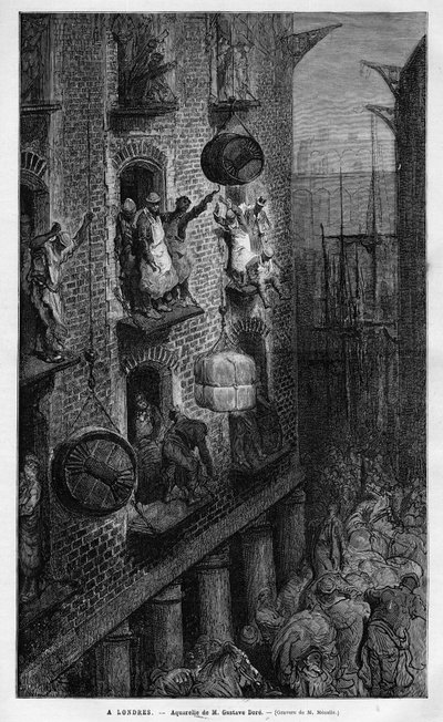View of life in London. Drawing by Gustave Dore. Engraving in 