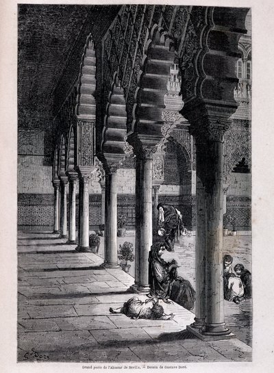 View of the large patio of the Alcazar in Seville - by Doré, in “Tour du Monde”, 2nd sem. 1866. by Gustave Dore