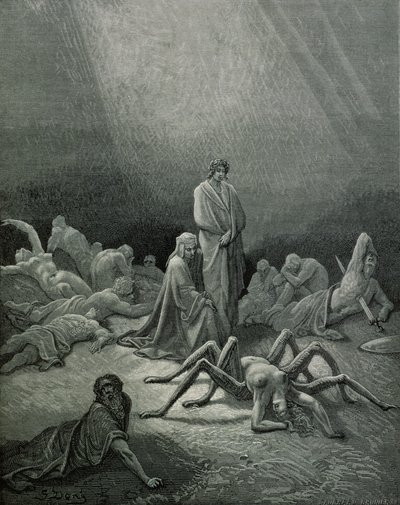 Virgil and Dante Looking at the Spider Woman, Illustration from The Divine Comedy (Inferno) by Dante Alighieri, Paris, published 1885 by Gustave Dore