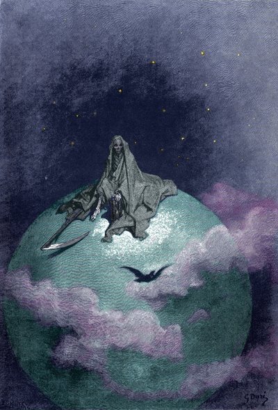 Vision of Death Sitting on the Globe with Its Scythe. Illustration by Gustave Dore by Gustave Dore