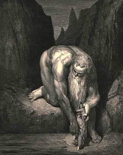 Yet in the abyss, that Lucifer with Judas low ingulfs, lightly he placed us by Gustave Dore