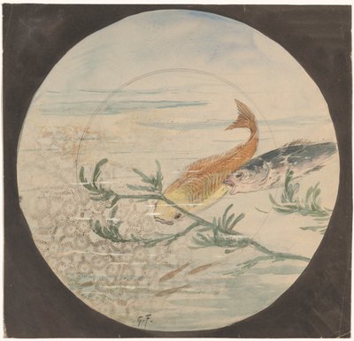 Design for a Plate with a Yellow and a Blue Downward Swimming Fish by Gustave Fraipont (signed by artist)