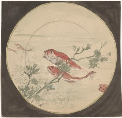 Design for a Plate with Red, Upward-Swimming Fish by Gustave Fraipont (signed by artist)
